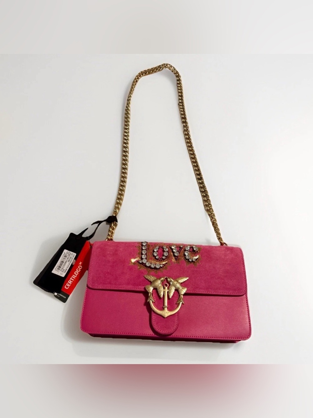 Pinko Pink Suede & Leather Shoulder Bag with Crystal LOVE and Gold Chain